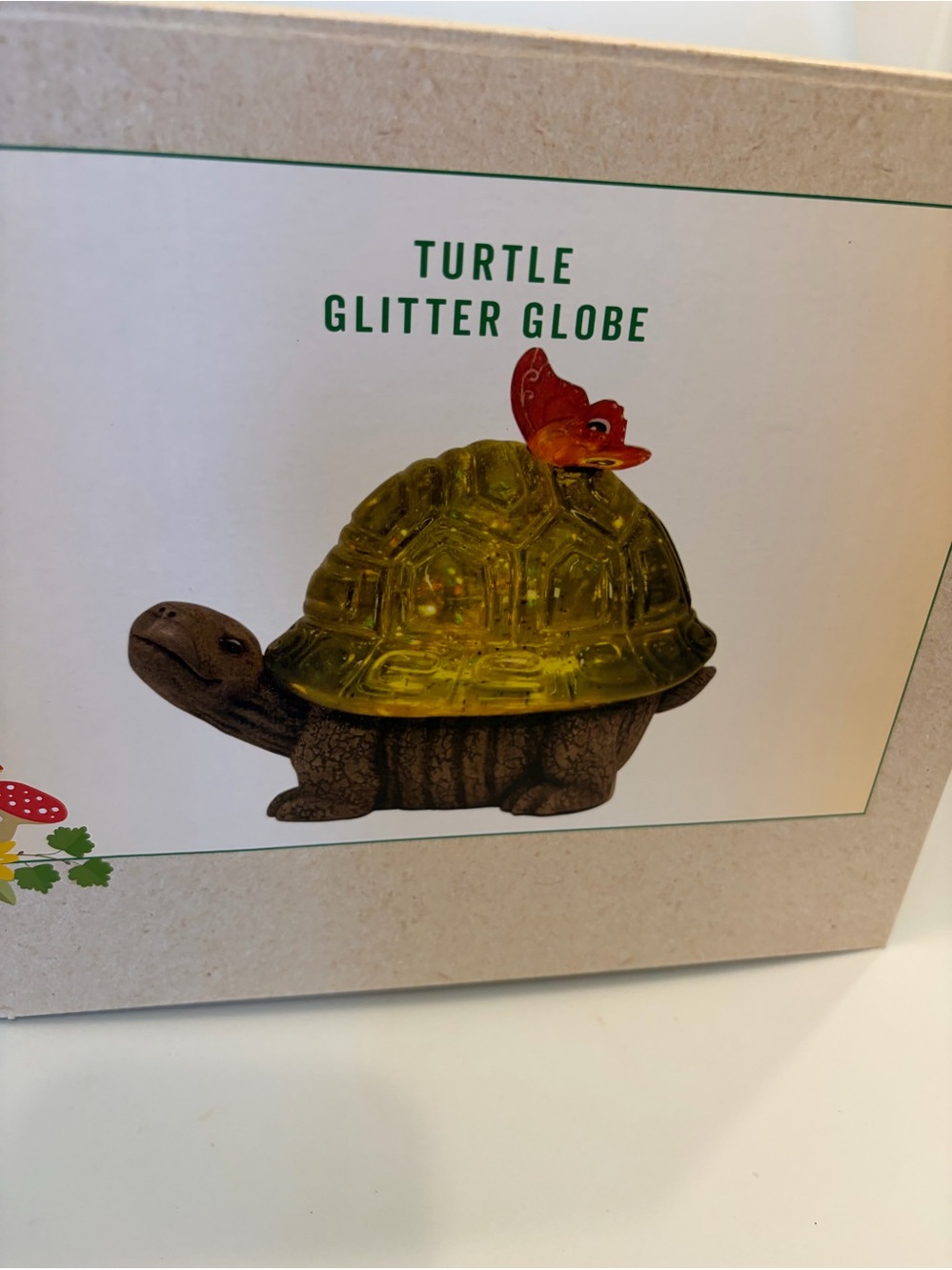 Cracker Barrel Turtle Glitter Globe with Green Shell and Orange Butterfly